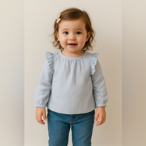 Carter’s Baby Girl 18M Blue White Striped Ruffle Blouse Top Nautical Preppy - Picture 1 of 4